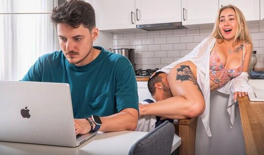 Пока мужик работает за компом, сантехник жарит его голодную подругу...